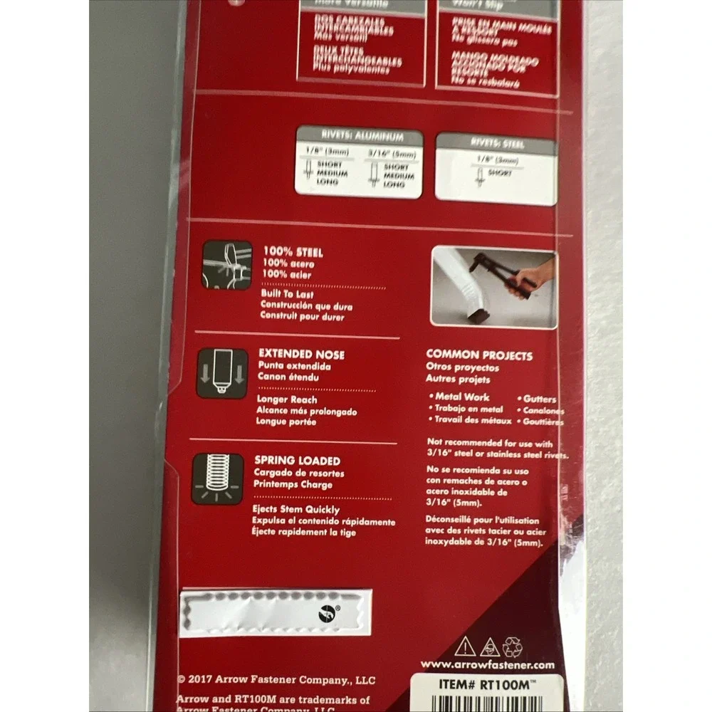Arrow One-Handed Swivel Riveter Tool RT100M Molded Grip 100% Steel Red E25‎